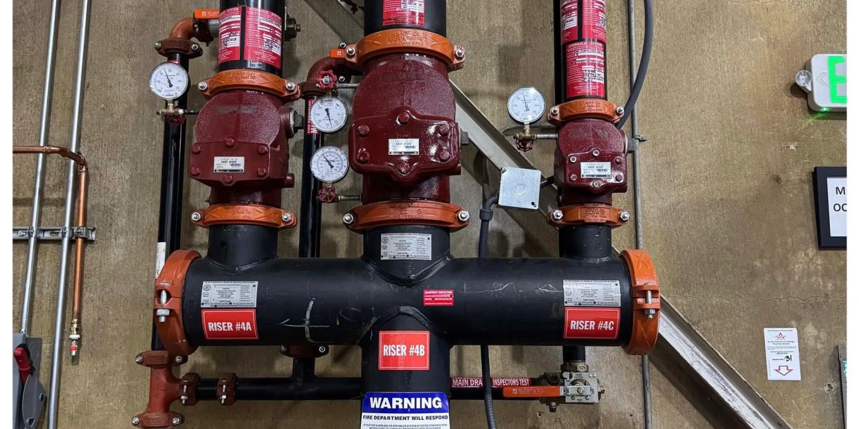 Fire sprinkler riser system with gauges and labels.
