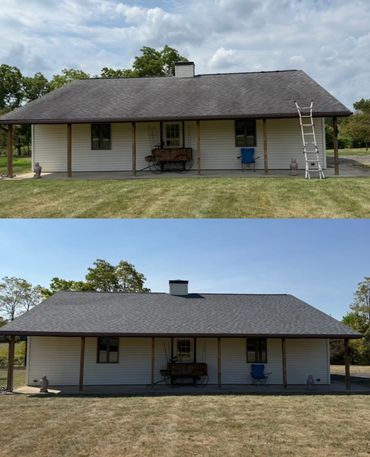 roof rejuvenation before and after, streaking from algae gone.