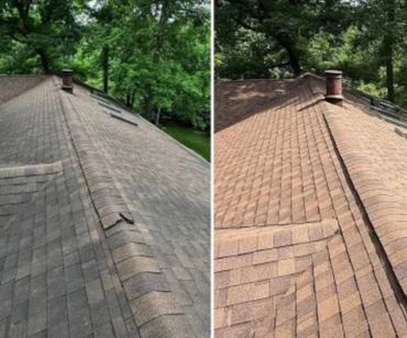 Side-by-side comparison of a roof before and after soft wash and rejuvenation, showing a significant