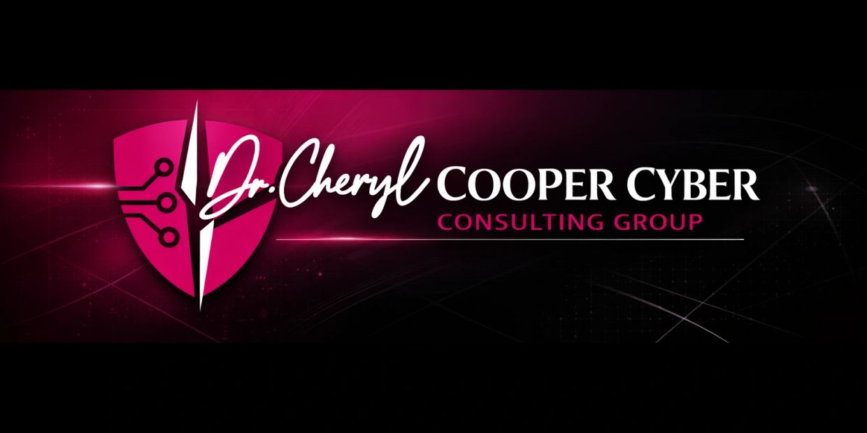 The Cooper Cyber Consulting Group logo features a bold magenta shield symbolizing protection and innovation in cybersecurity. The shield’s left half displays circuit lines representing digital connectivity, divided by a white spear‑like line that conveys strength and precision. Beside the emblem, the text “Dr. Cheryl Cooper Cyber Consulting Group” appears in elegant white and magenta typography, blending professionalism with modern design. This visual identity reflects Dr. Cheryl Cooper’s leadership in cyber resilience, governance, and fractional CISO services for small and midsize businesses.