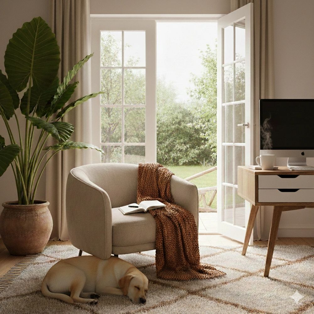 Cozy reading nook with a sleeping dog and morning light through open doors.