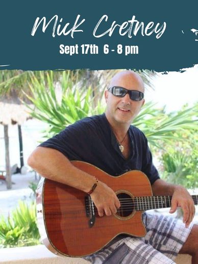 Man playing guitar outdoors with event details.