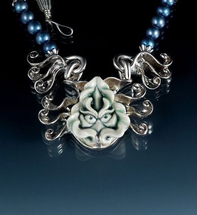 Artistic porcelain sterling silver black Pearl necklace dragon head  jewelry