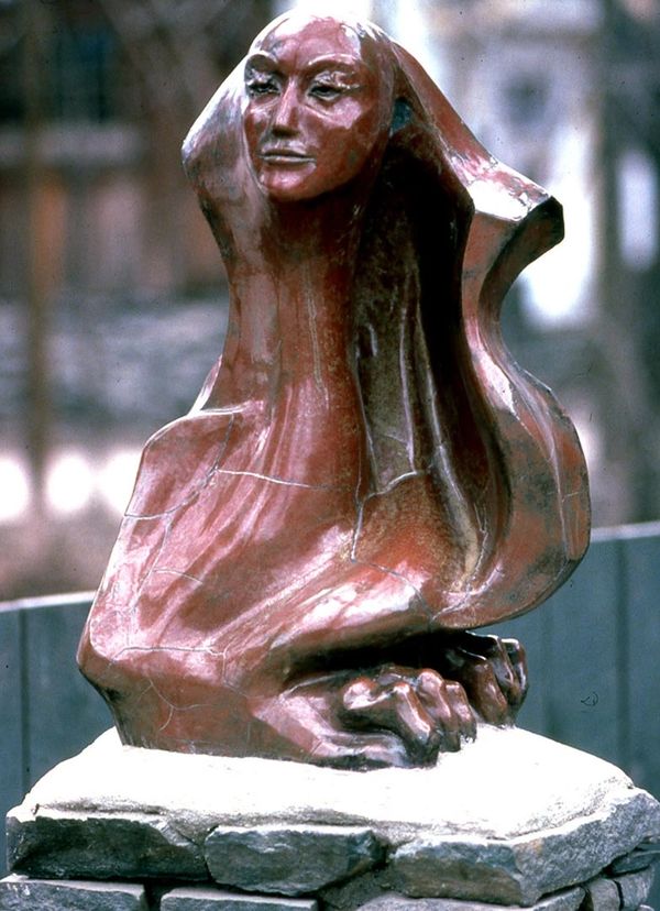 Closeup image of Woodstock  NY Tinker Street Clay Statue "Sphinx"
