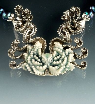 Artisan sterling silver porcelain octopus black pearl necklace art