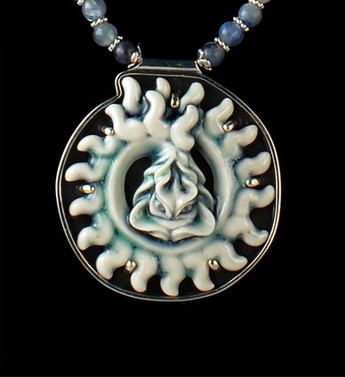 Aventurine sterling silver porcelain dragon  jewelry artists necklace