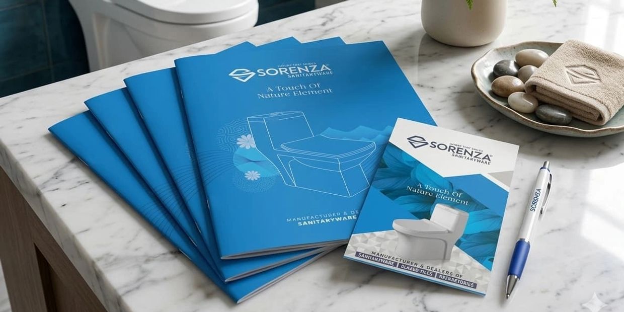 Blue brochures and pen for Sorenza Sanitaryware on a marble countertop.