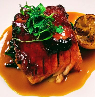 GRILLED SALMON WITH BLOODY ORANGE REDUCTION GLAZE