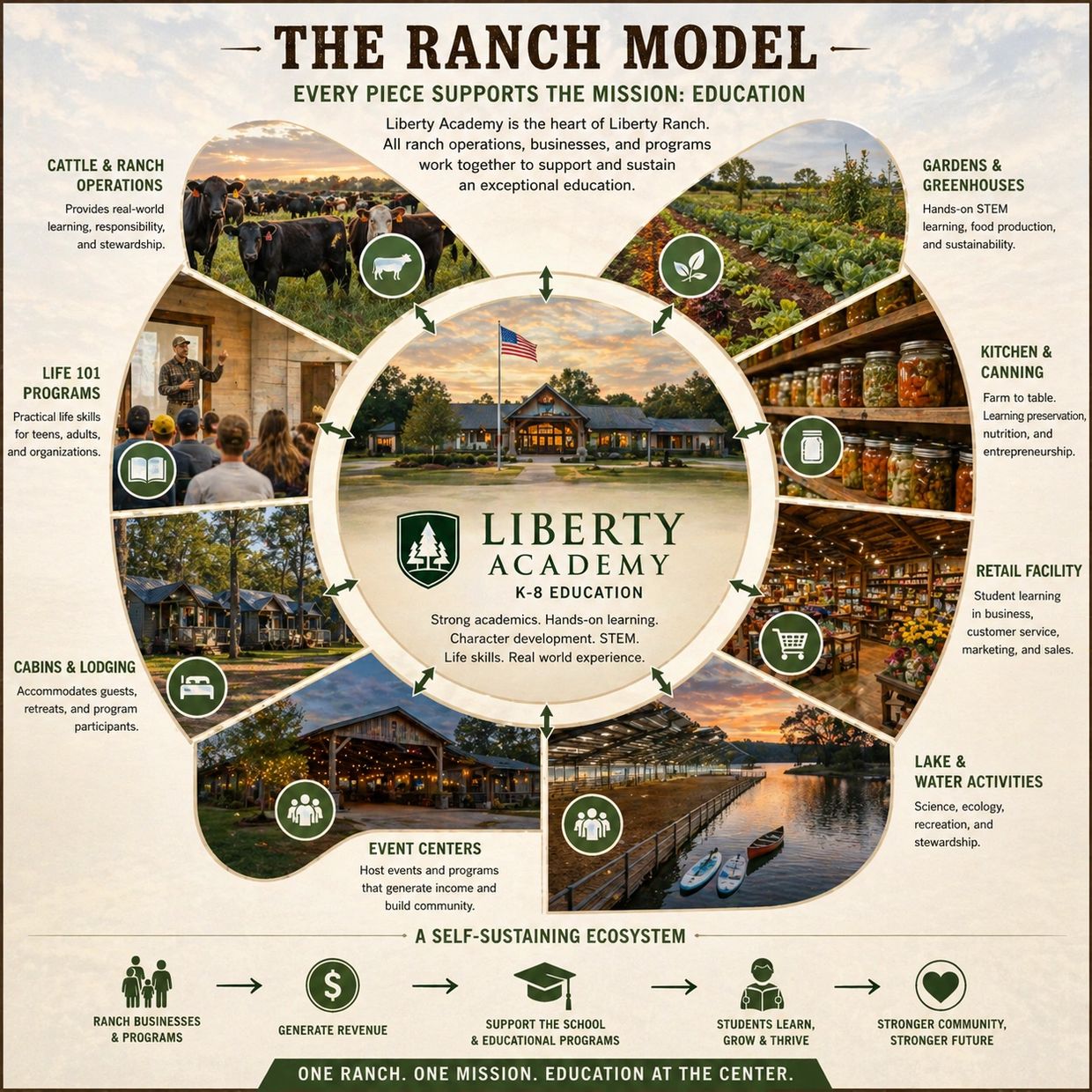Liberty Academy's Ranch Model integrates education with ranch operations and community activities.