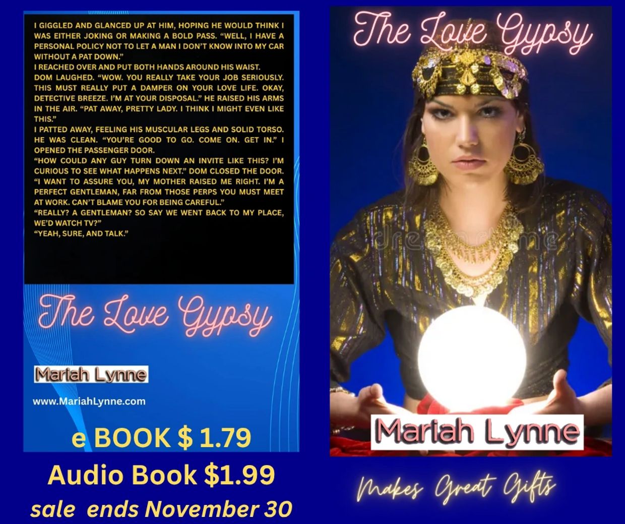 Book cover and excerpt from 'The Love Gypsy' by Mariah Lynne, featuring a fortune teller with a crystal ball.