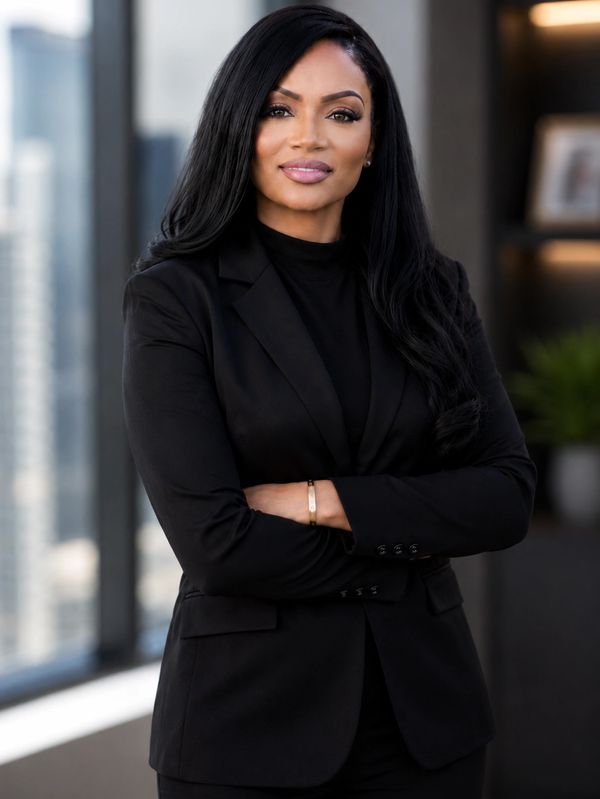 Confident professional woman in black suit.