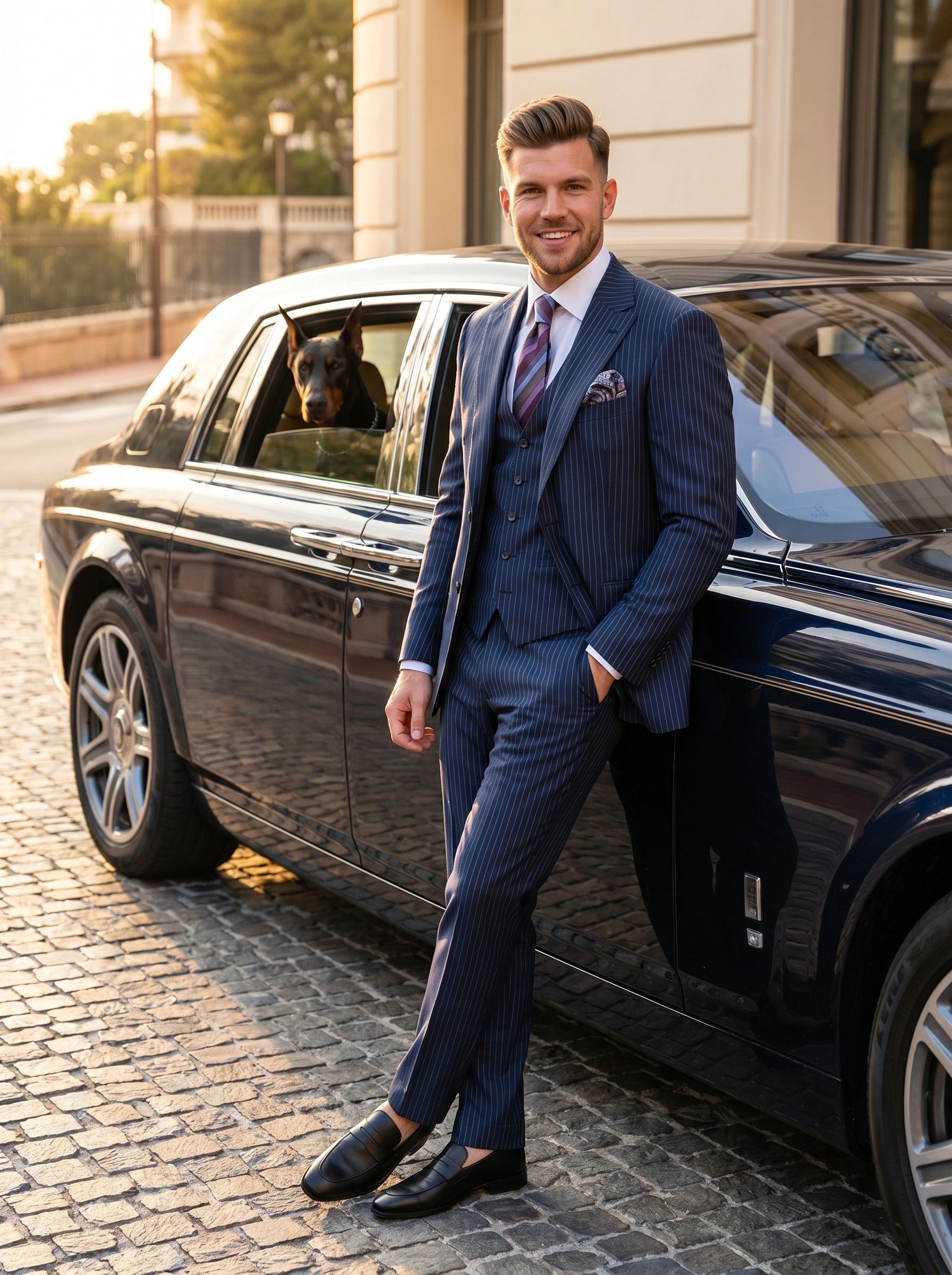 Navy pinstripe three-piece suit styled with a tie and pocket square.
