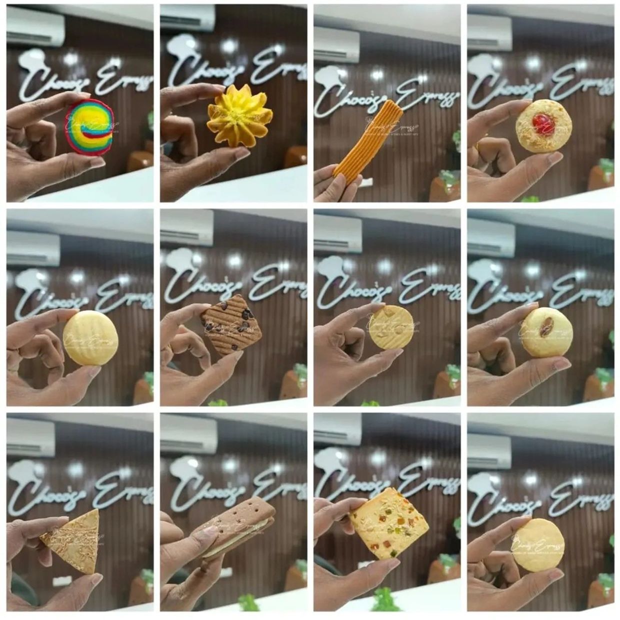 Hand holding various cookies and biscuits.