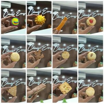 Variety of colorful and textured cookies held up for display.