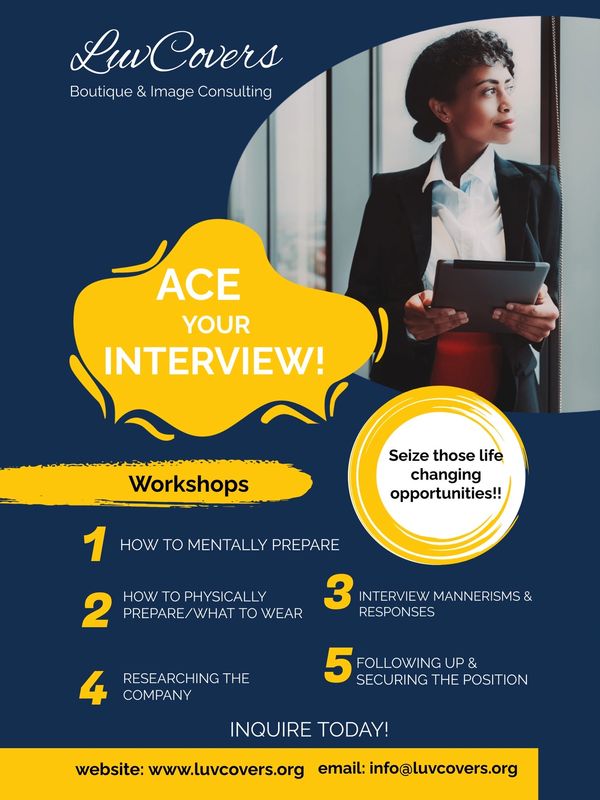 A poster about Luv Covers Ace Your Interview workshops