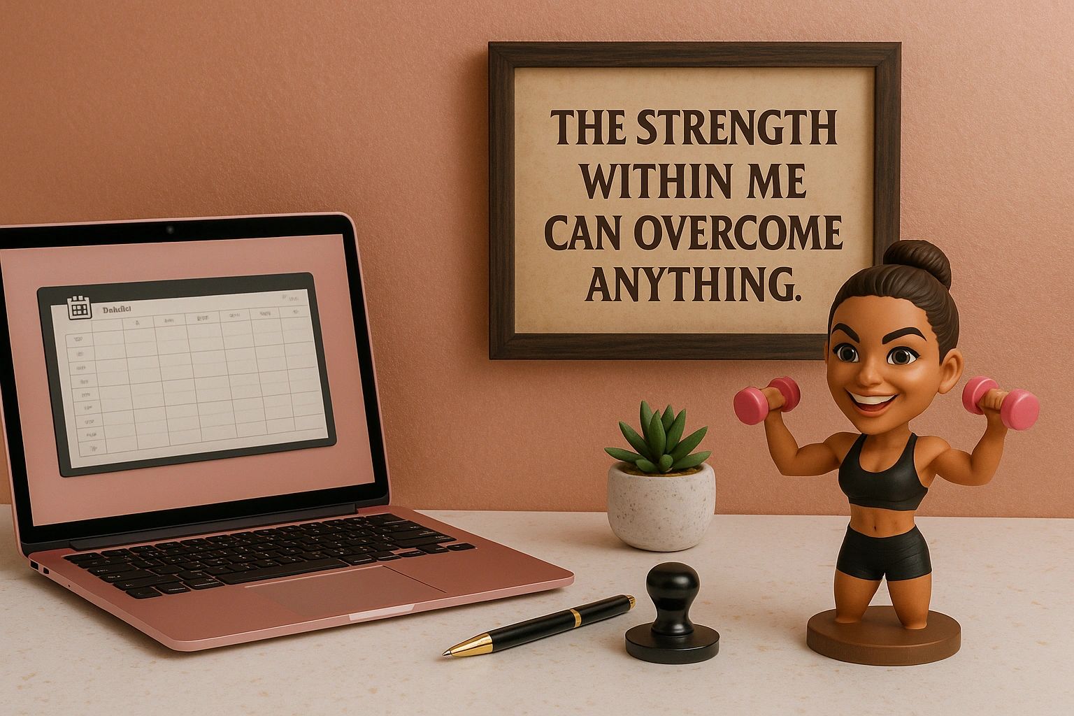 Empowering desk setup with planner, notary stamp, bobblehead in gym wear, and inspirational quote