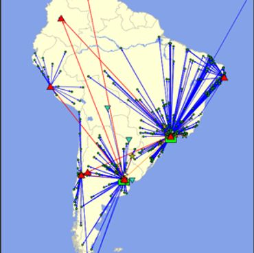 Map of South America showing network connections with arrows indicating directions.