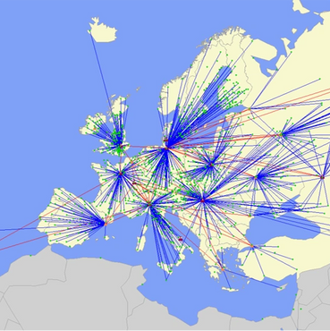 A complex network of interconnected points across Europe with blue, green, and red lines.