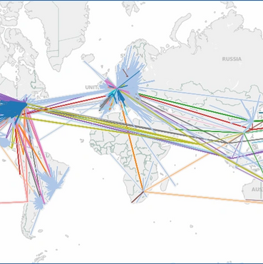 World map showing global flight routes with color-coded lines connecting major hubs.