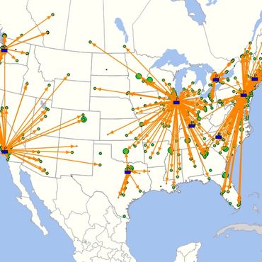 A map of the USA showing major hubs connected by orange lines to smaller points.