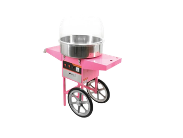 Pink cotton candy machine on wheels with a transparent cover.