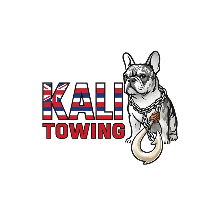 Logo for Kali Towing featuring a bulldog with a towing hook.