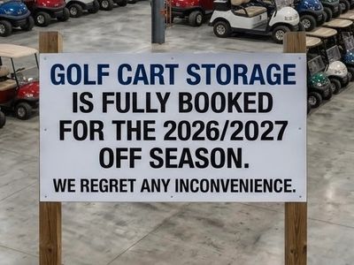 Sign about golf cart storage being fully booked for 2026/2027 off season.