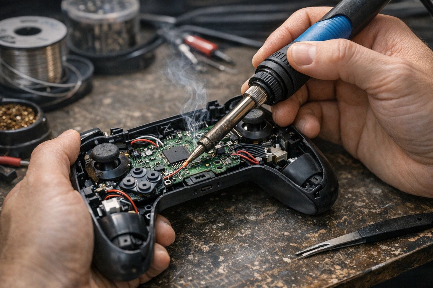 Hands soldering a circuit board inside a game controller.