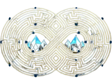 Intricate infinity-shaped labyrinth with blue crystal formations inside.