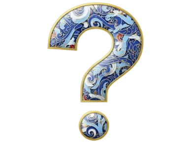 Ornate question mark with blue and gold floral patterns.