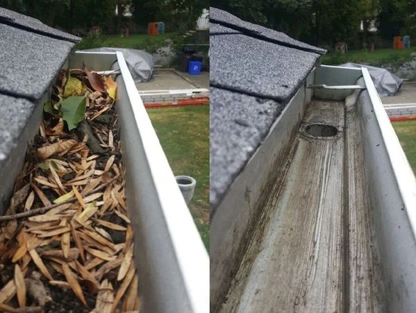 Gutters being cleaned before and after