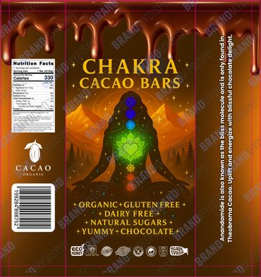 Chocolate bar packaging featuring chakra-themed design and organic ingredients.