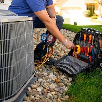 HVAC technician servicing an outdoor air conditioning unit with gauges and tools beside a home in Go