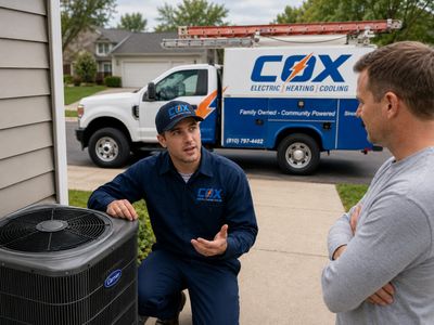 Cox Electric, Heating & Cooling technician discussing AC service with a homeowner near an outdoor ai