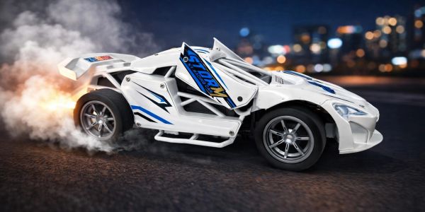 A white toy car with blue accents speeding on a dark surface, emitting smoke and flames.