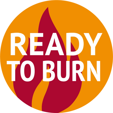 Orange circle with red flame and white text saying 'READY TO BURN'.