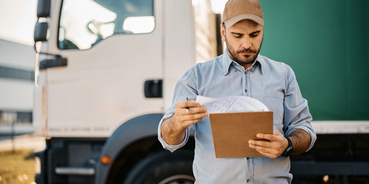Delivery man checking documents by truck.