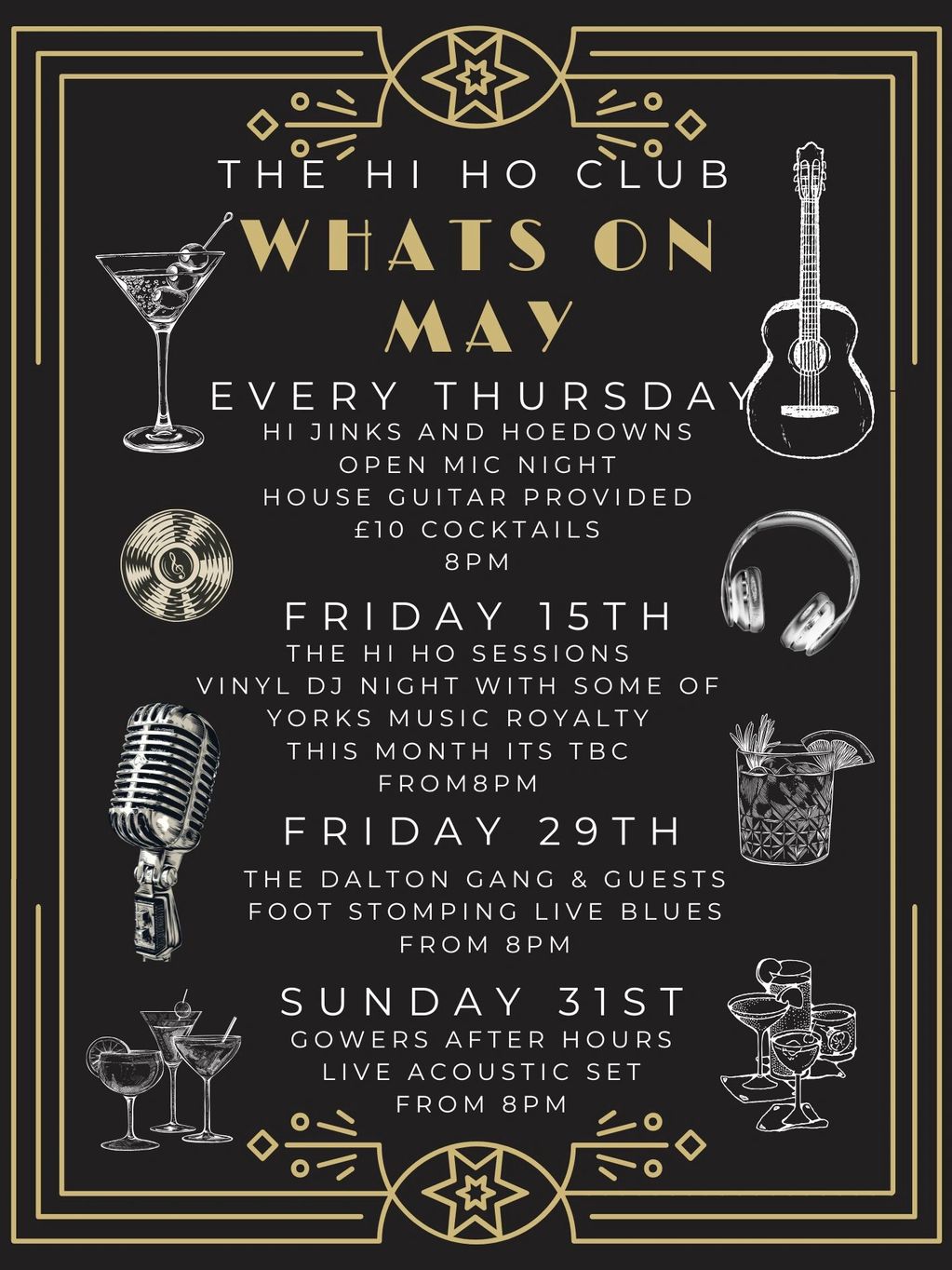 May events at The Hi Ho Club featuring live music, open mic, and themed nights every week.
