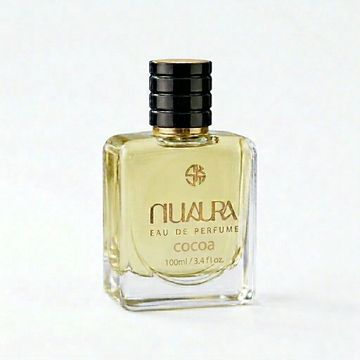 Bottle of Nuaura Cocoa Eau de Parfum with black cap.