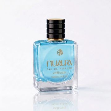 Elegant blue perfume bottle labeled Nualra Eau de Perfume Chill Craze.