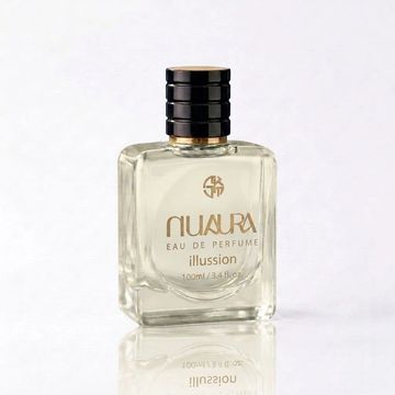 A clear glass perfume bottle labeled 'Nuwara Illusion' with a black cap.
