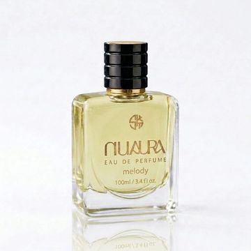 A bottle of Nuaura Melody Eau de Parfum with a black cap.