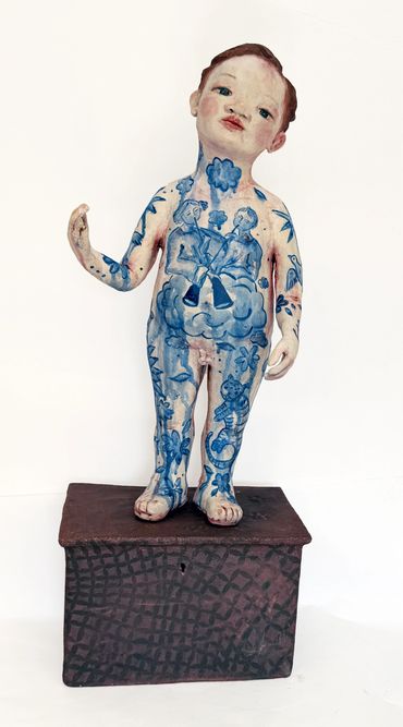 VIRGIN GODDESS
22” x 8 ½” x 3 ½”
2024
Clay, underglaze, stainless steel.