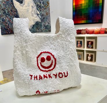 THANK YOU, Hand-hooked plastic shopping bags on linen, wool yarn.  