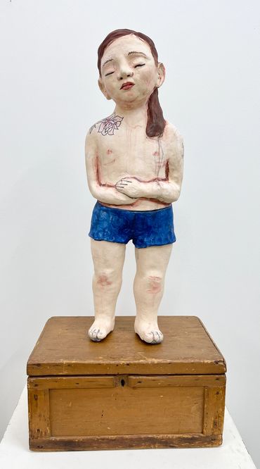 I AM
39” x 18 ½” x 11 ½”
2023.
Red earthenware, underglazes, wood, steel, acrylic paint.