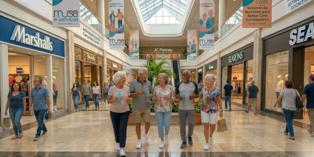 Grupo de personas mayores felices caminando en un centro comercial.