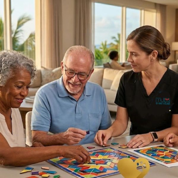 Personas mayores jugando un juego de mesa con una cuidadora.