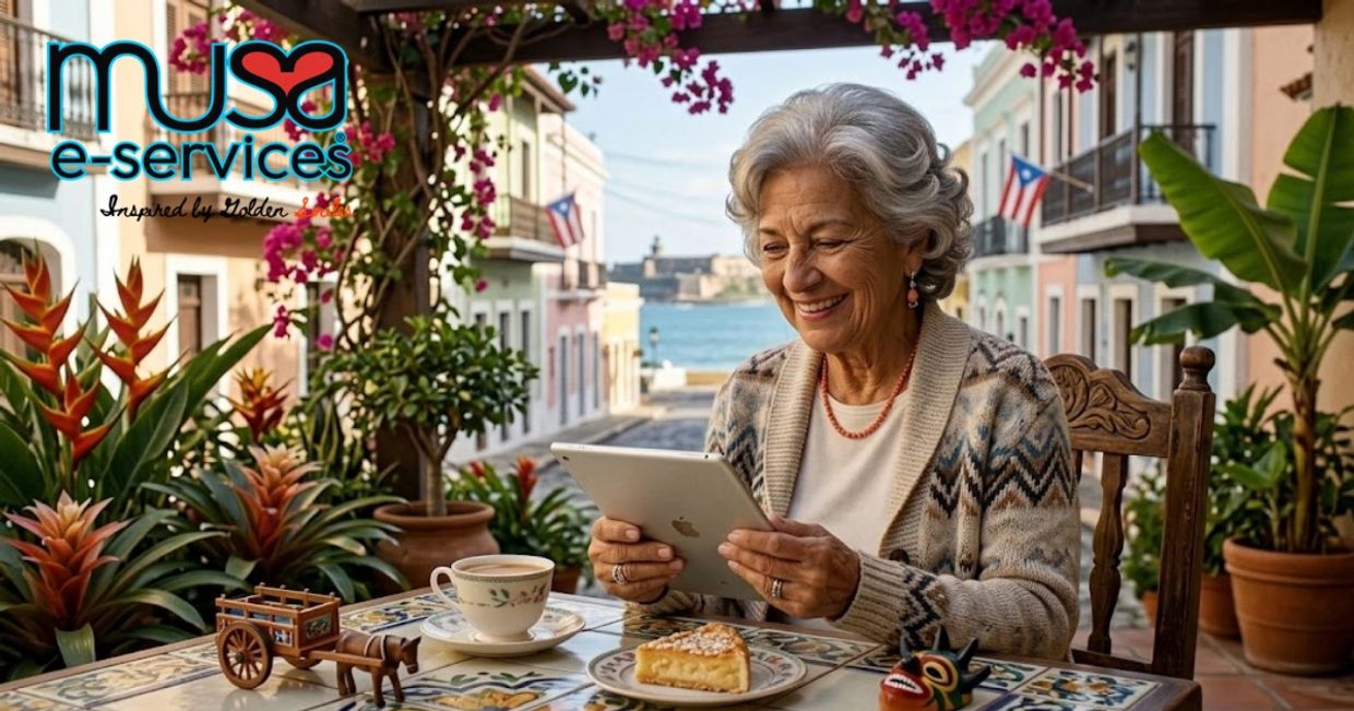 Mujer mayor sonriente usando una tableta en un café al aire libre.