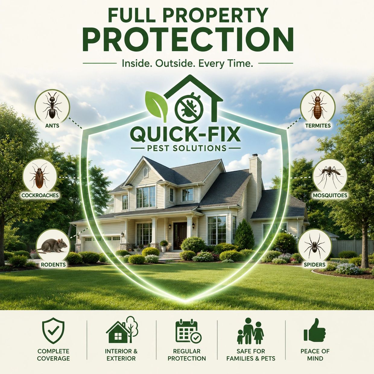 Quick-Fix Pest Solutions offers full property protection against common pests inside and outside your home.