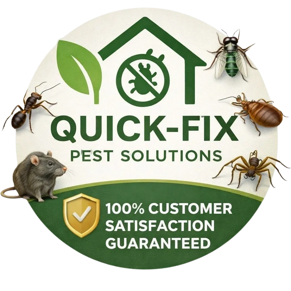 Logo of Quick-Fix Pest Solutions with bugs and a rat around it.